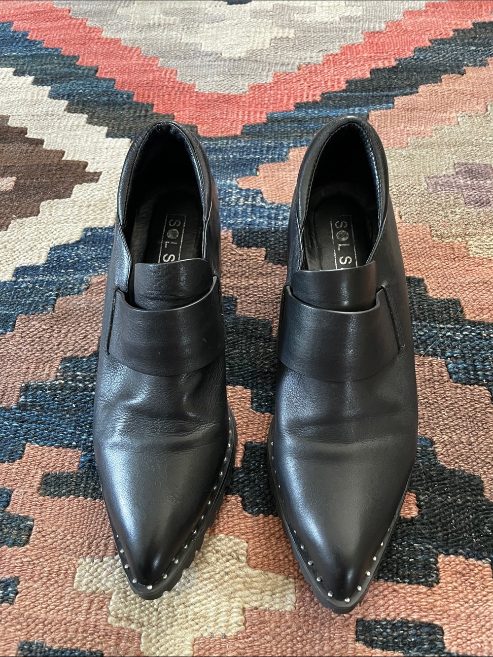 Sol Sana Black Pointed Toe Leather Slip-On Loafers with Stud Trim